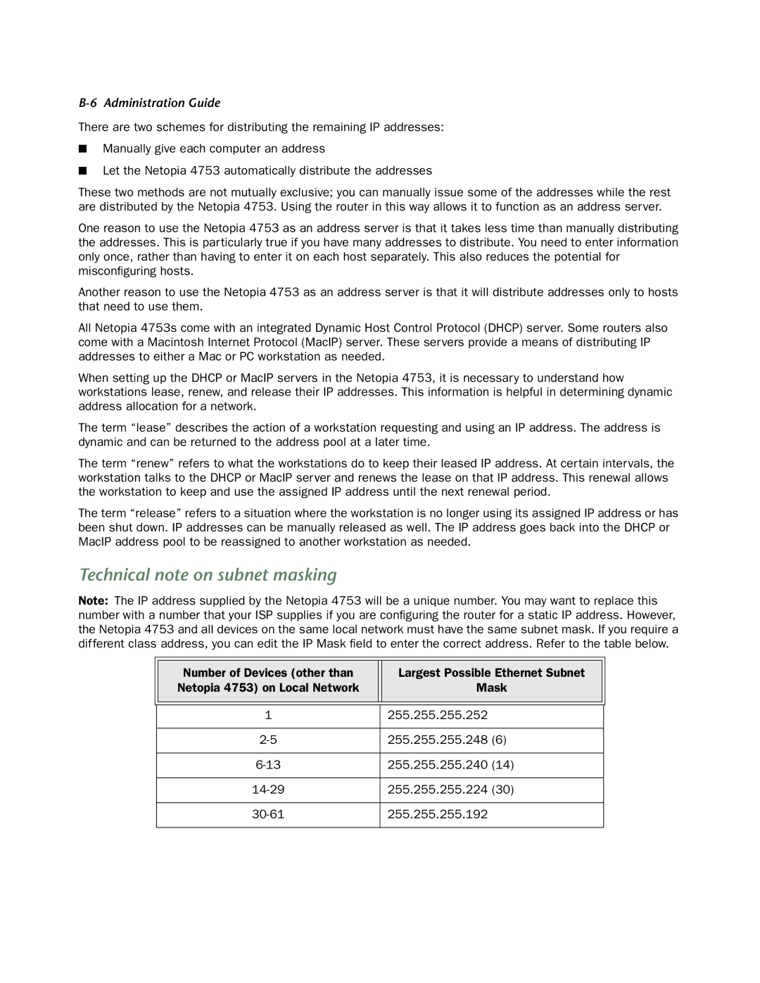 Netopia 4753 manual Technical note on subnet masking, 255.255.255.224, 255.255.255.192 