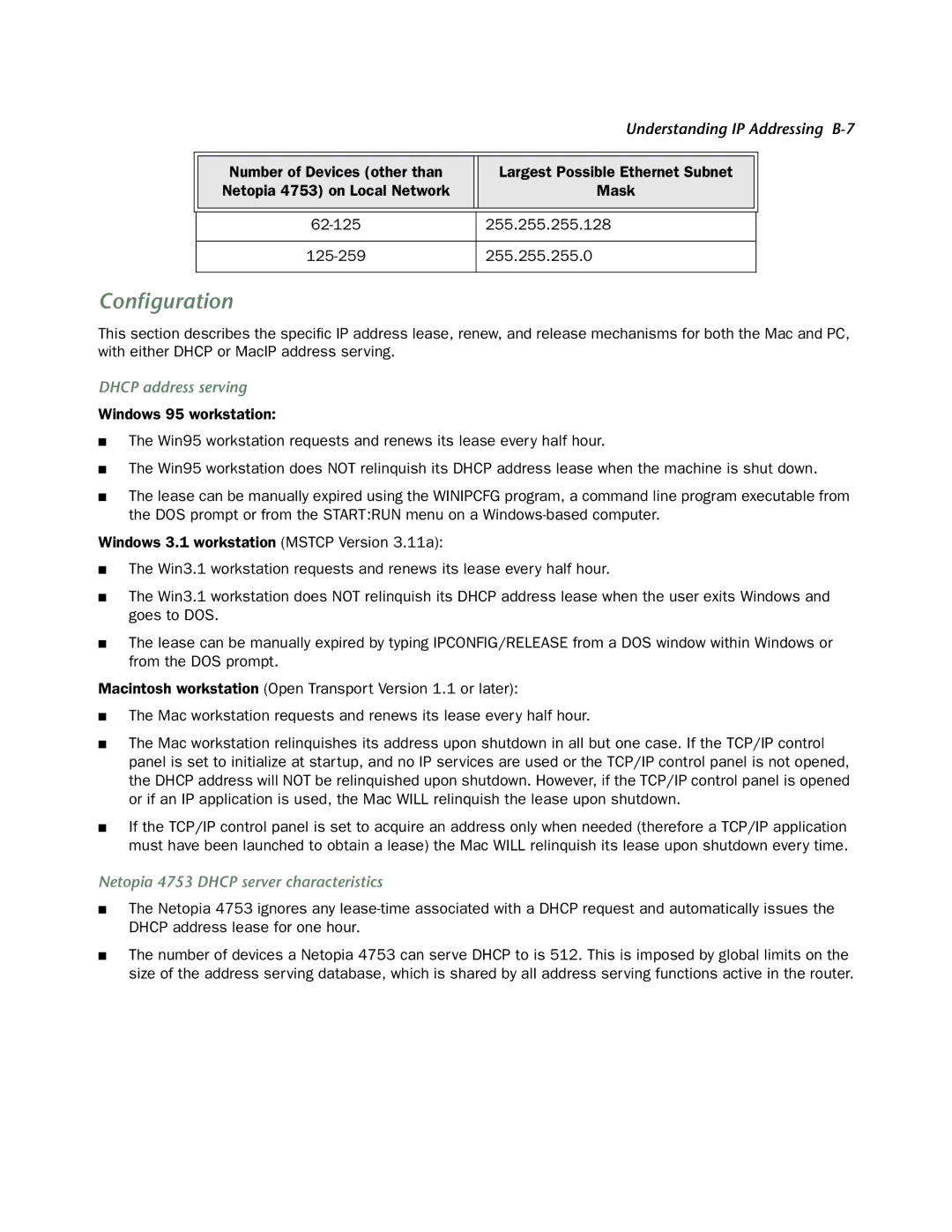 Netopia manual Dhcp address serving, Netopia 4753 Dhcp server characteristics 