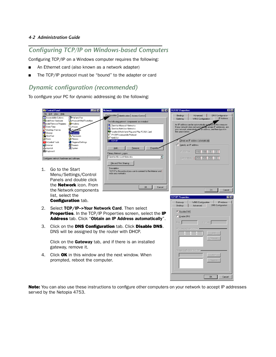 Netopia 4753 manual Conﬁguring TCP/IP on Windows-based Computers, Dynamic conﬁguration recommended 