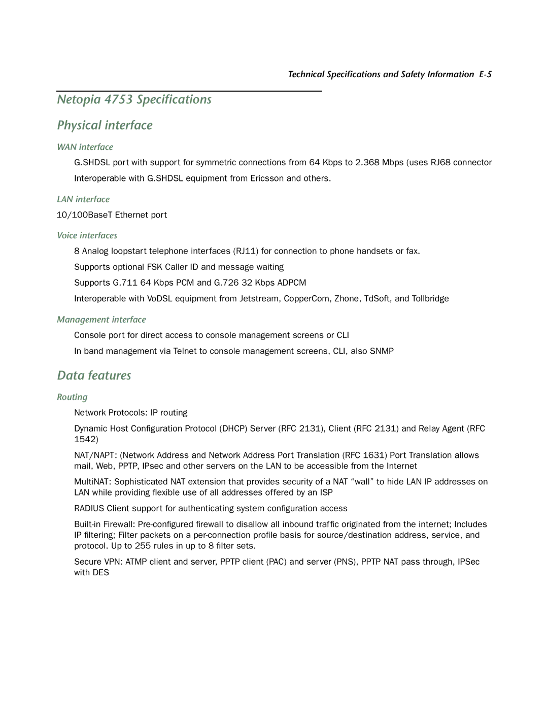 Netopia manual Netopia 4753 Speciﬁcations Physical interface, Data features 