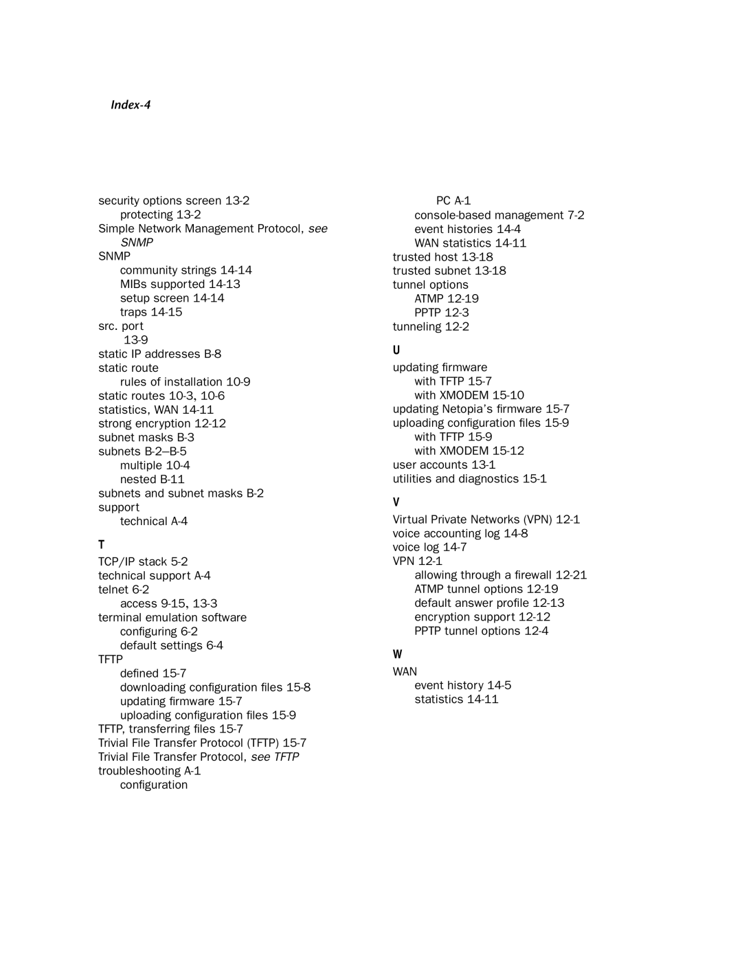 Netopia 4753 manual Index-4, Event history 14-5 statistics 