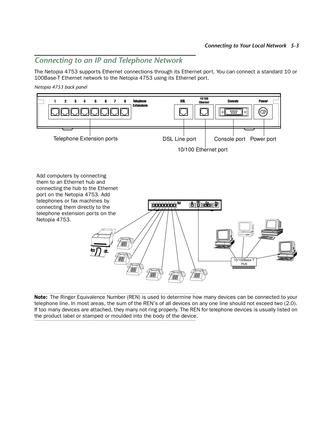 Netopia 4753 manual Connecting to an IP and Telephone Network, Telephone Extension ports 