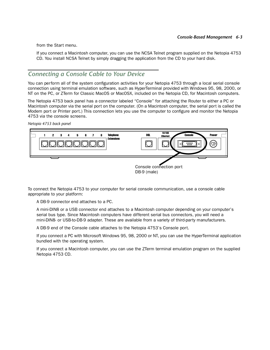 Netopia 4753 manual Connecting a Console Cable to Your Device 