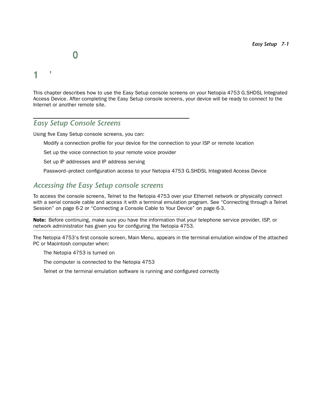 Netopia 4753 manual Chapter Easy Setup, Easy Setup Console Screens, Accessing the Easy Setup console screens 