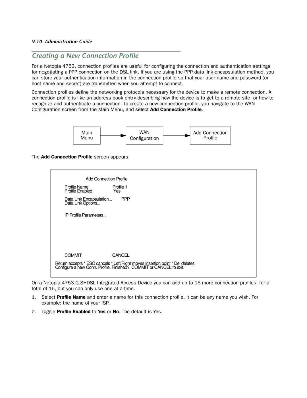 Netopia 4753 manual Creating a New Connection Proﬁle, Commit 