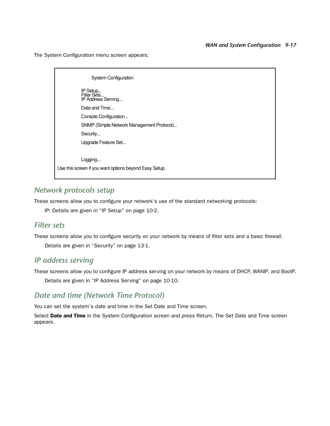 Netopia 4753 manual Network protocols setup, Filter sets, IP address serving, Date and time Network Time Protocol 