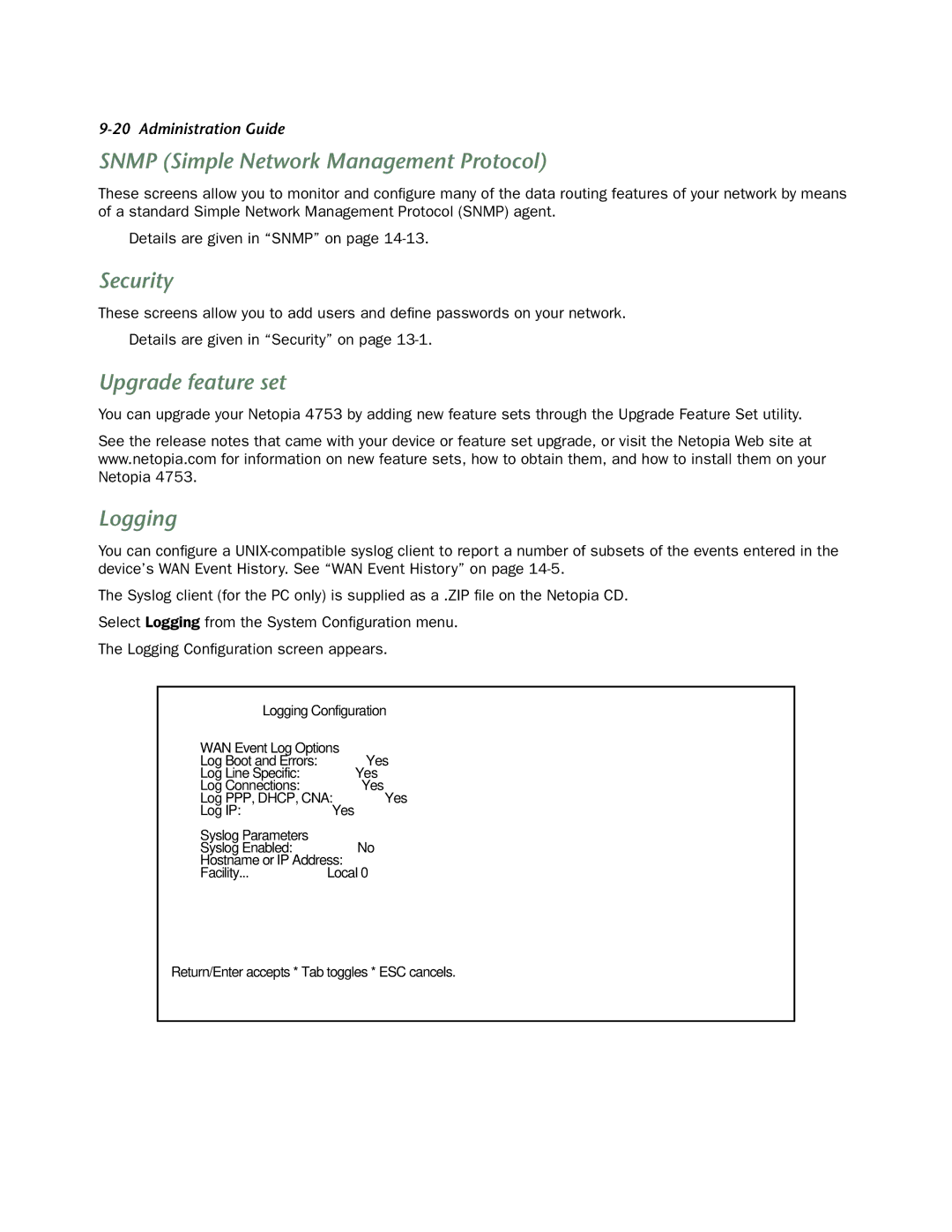 Netopia 4753 manual Snmp Simple Network Management Protocol, Security, Upgrade feature set, Logging 