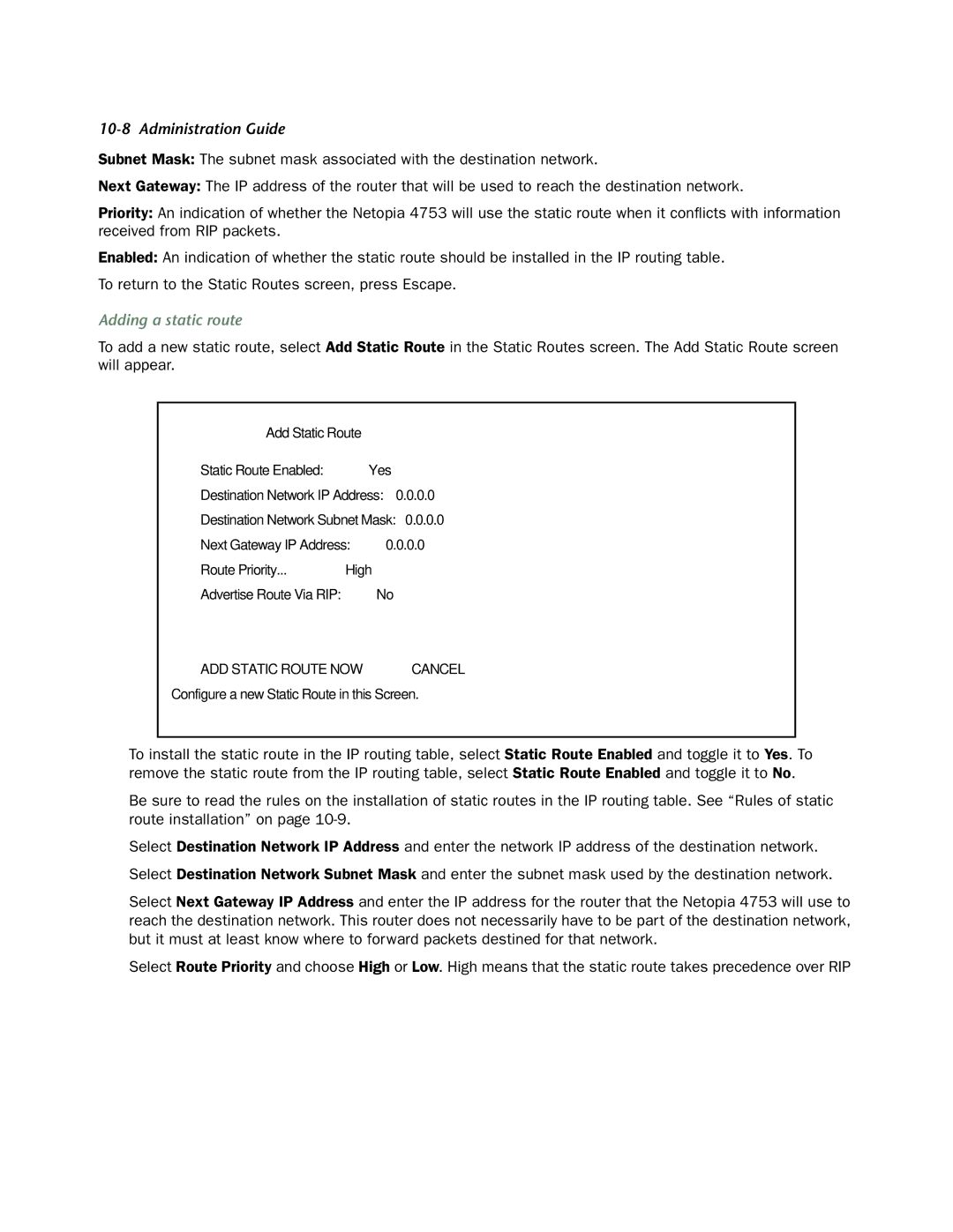 Netopia 4753 manual Adding a static route 