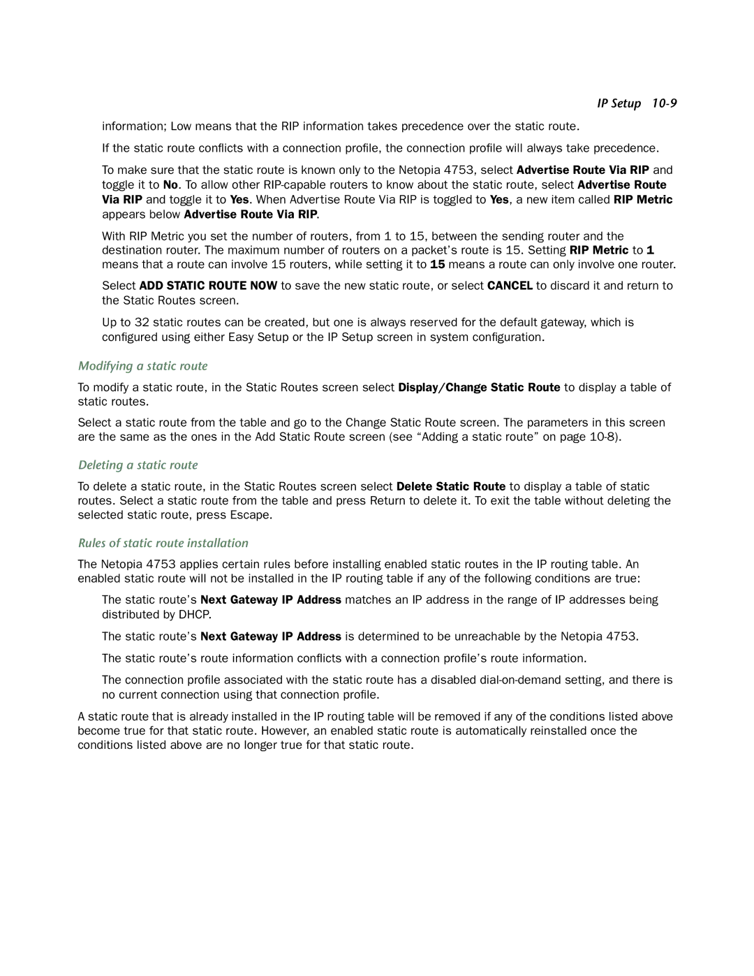 Netopia 4753 manual Modifying a static route, Deleting a static route, Rules of static route installation 