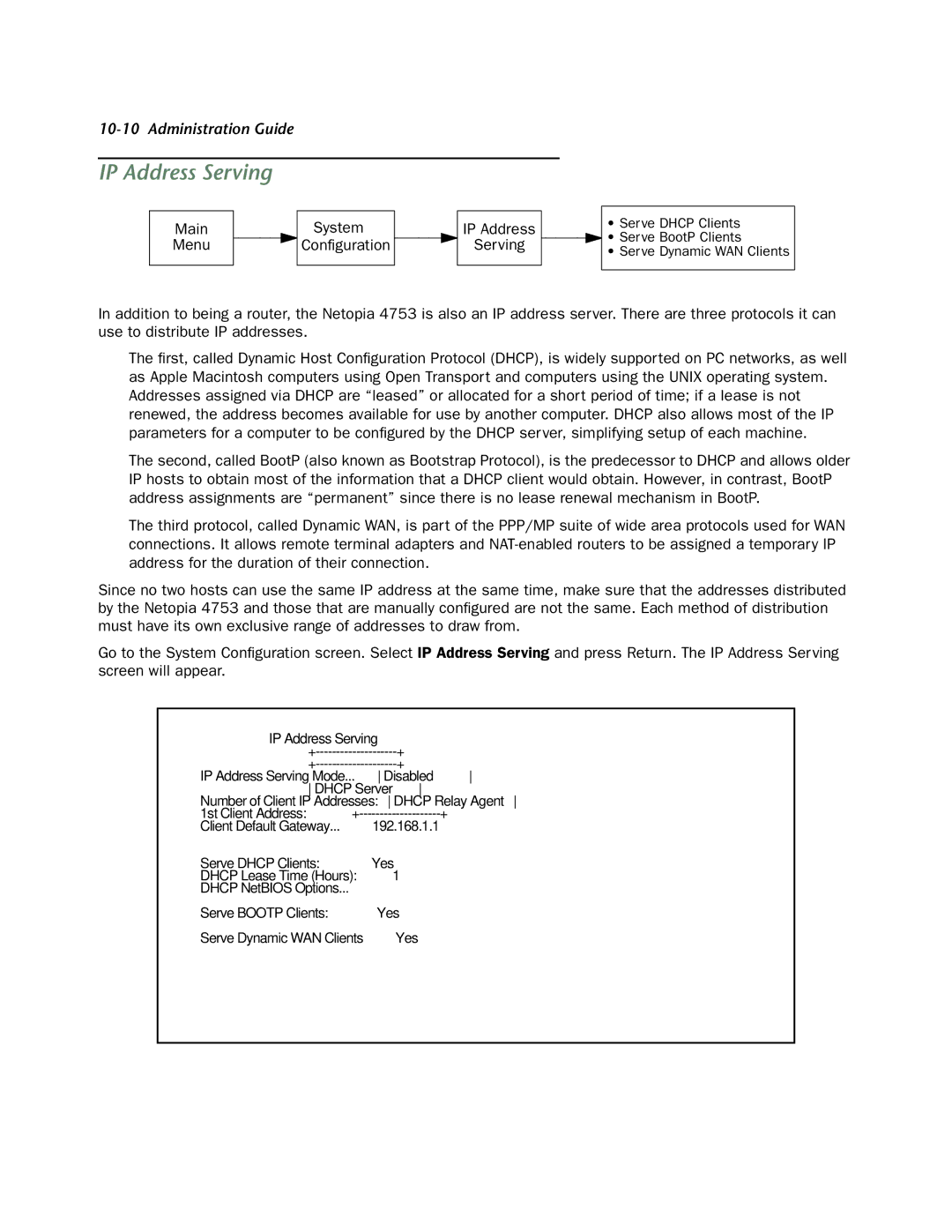 Netopia 4753 manual Main Menu System Configuration IP Address Serving 