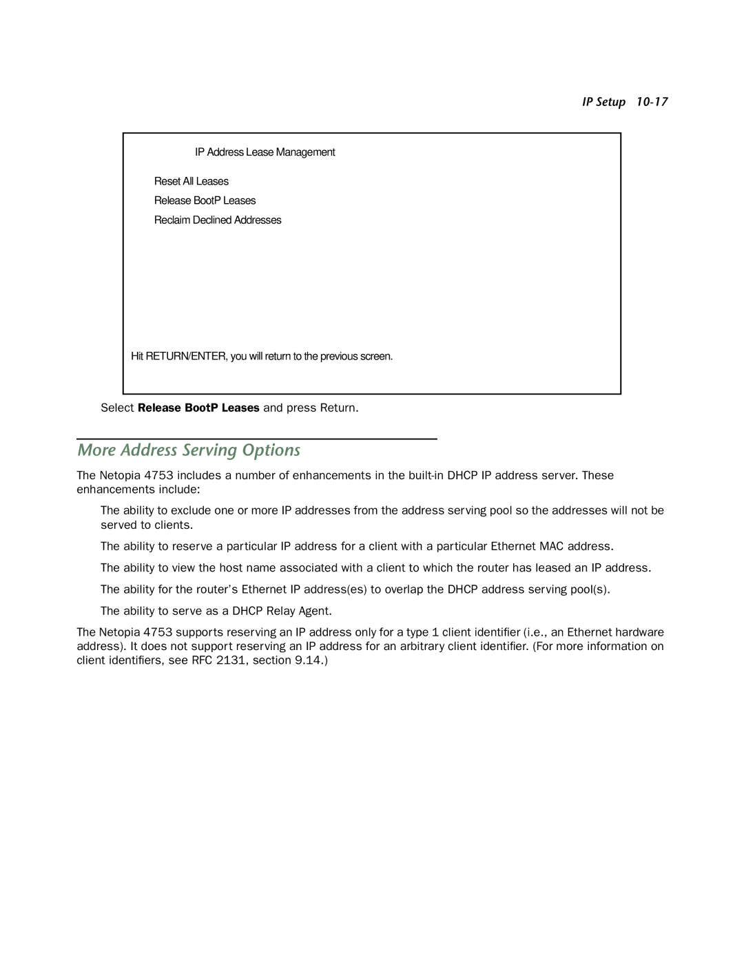 Netopia 4753 manual More Address Serving Options, Select Release BootP Leases and press Return 