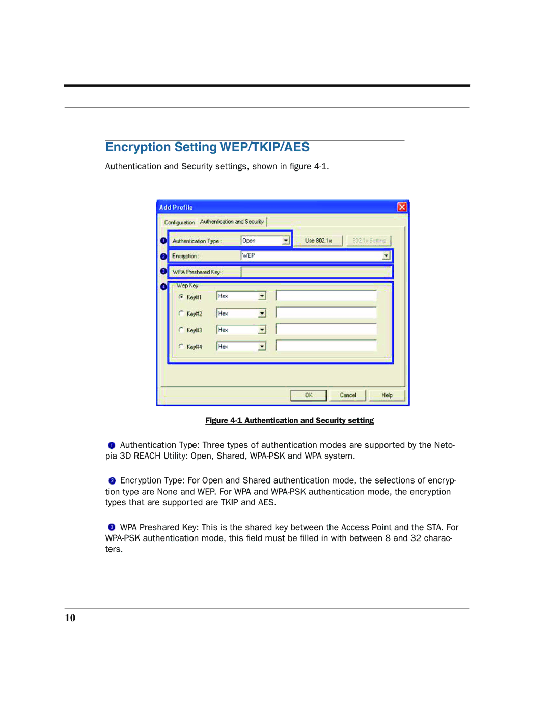 Netopia 6161210-00-01 manual Encryption Setting WEP/TKIP/AES, Authentication and Security setting 