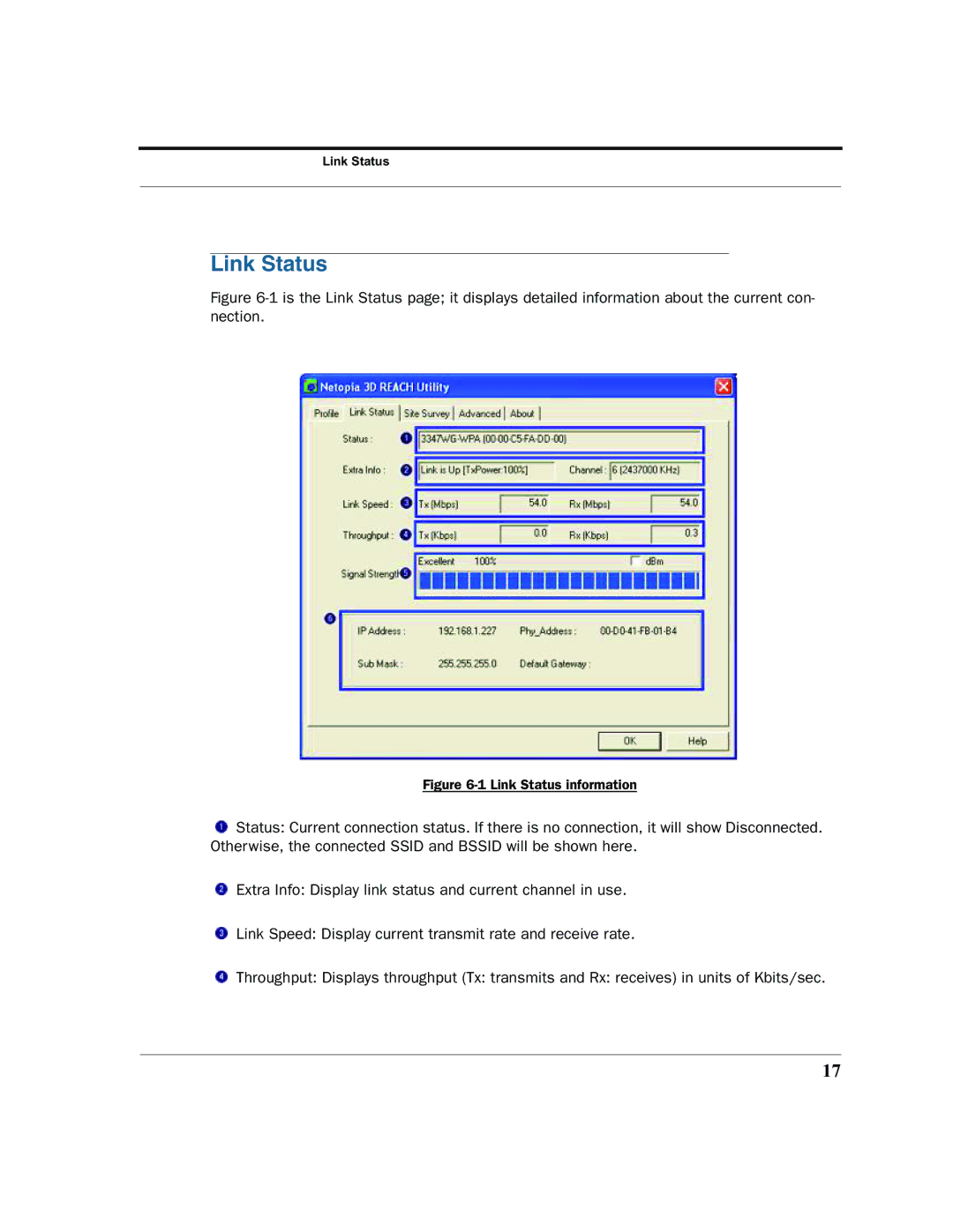 Netopia 6161210-00-01 manual Link Status information 