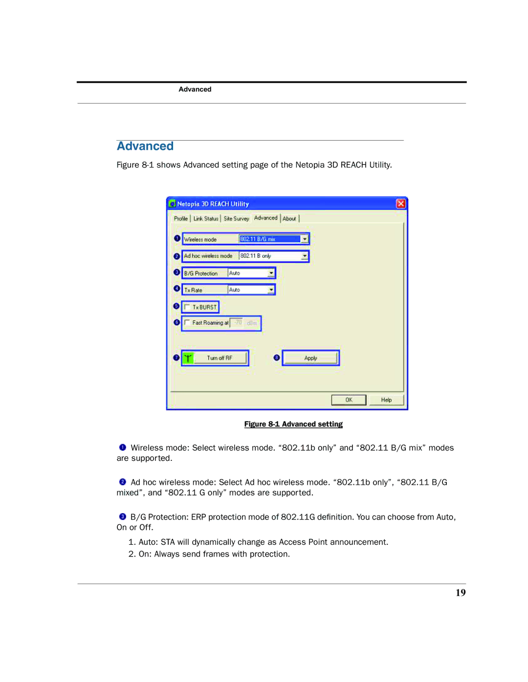 Netopia 6161210-00-01 manual Shows Advanced setting page of the Netopia 3D Reach Utility 