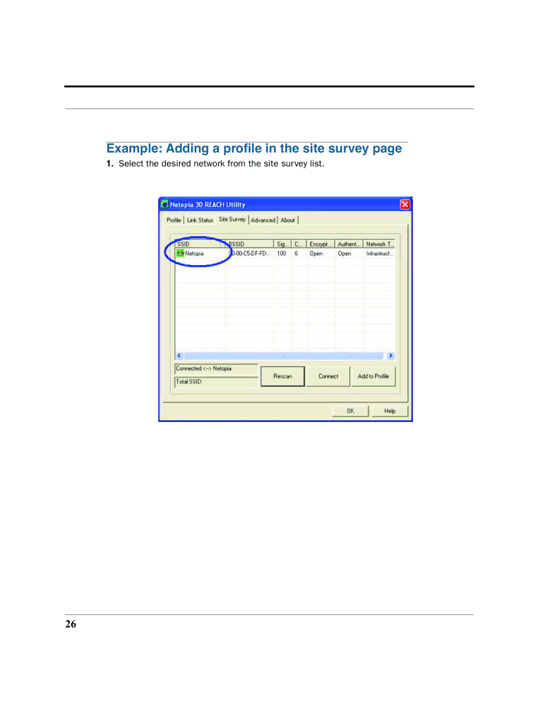 Netopia 6161210-00-01 manual Example Adding a proﬁle in the site survey 