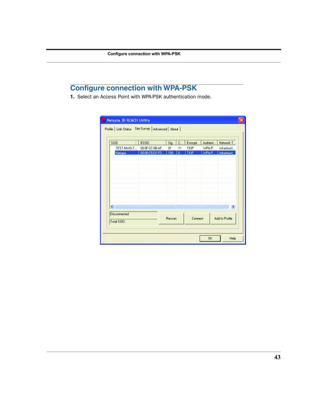 Netopia 6161210-00-01 manual Conﬁgure connection with WPA-PSK 