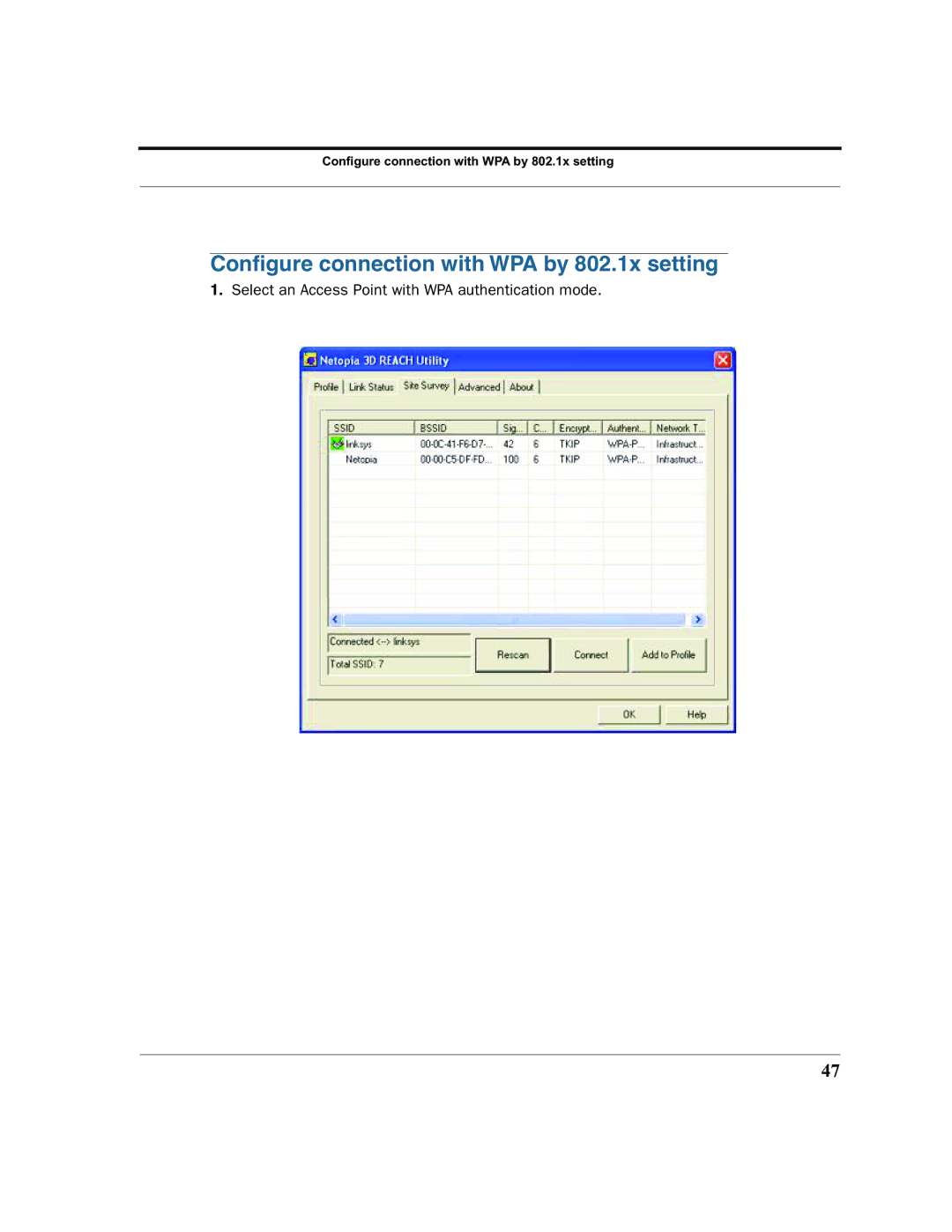 Netopia 6161210-00-01 manual Conﬁgure connection with WPA by 802.1x setting 