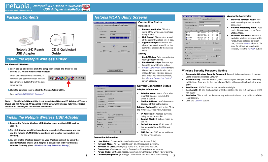 Netopia 6180088-00-01 quick start Package Contents, Install the Netopia Wireless Driver, Netopia Wlan Utility Screens 