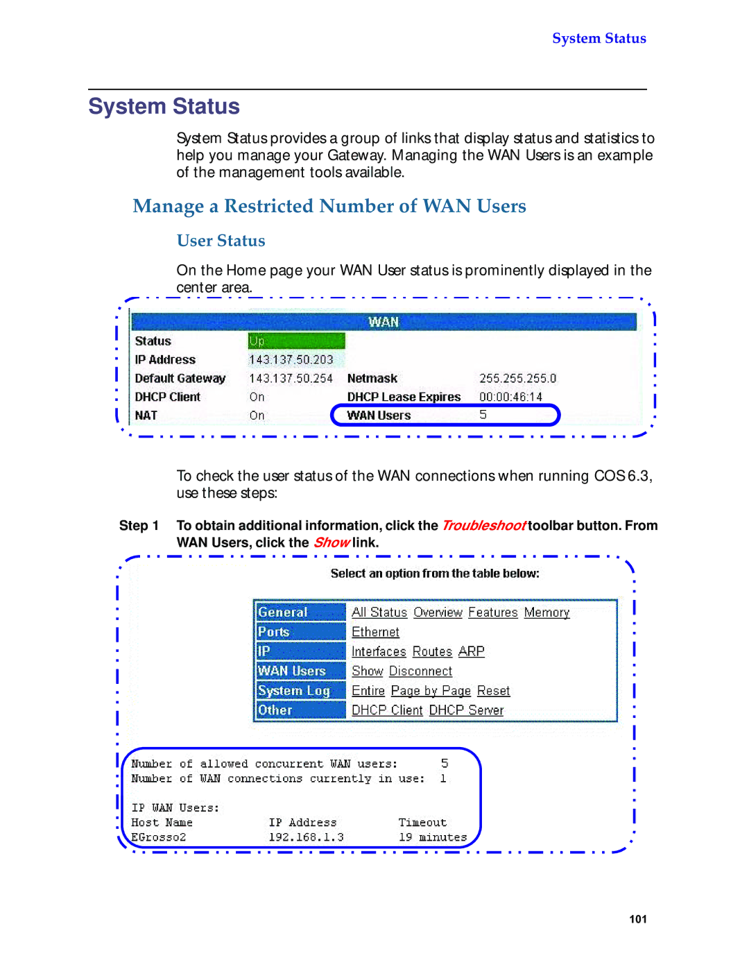 Netopia 6.3 manual Manage a Restricted Number of WAN Users, User Status 