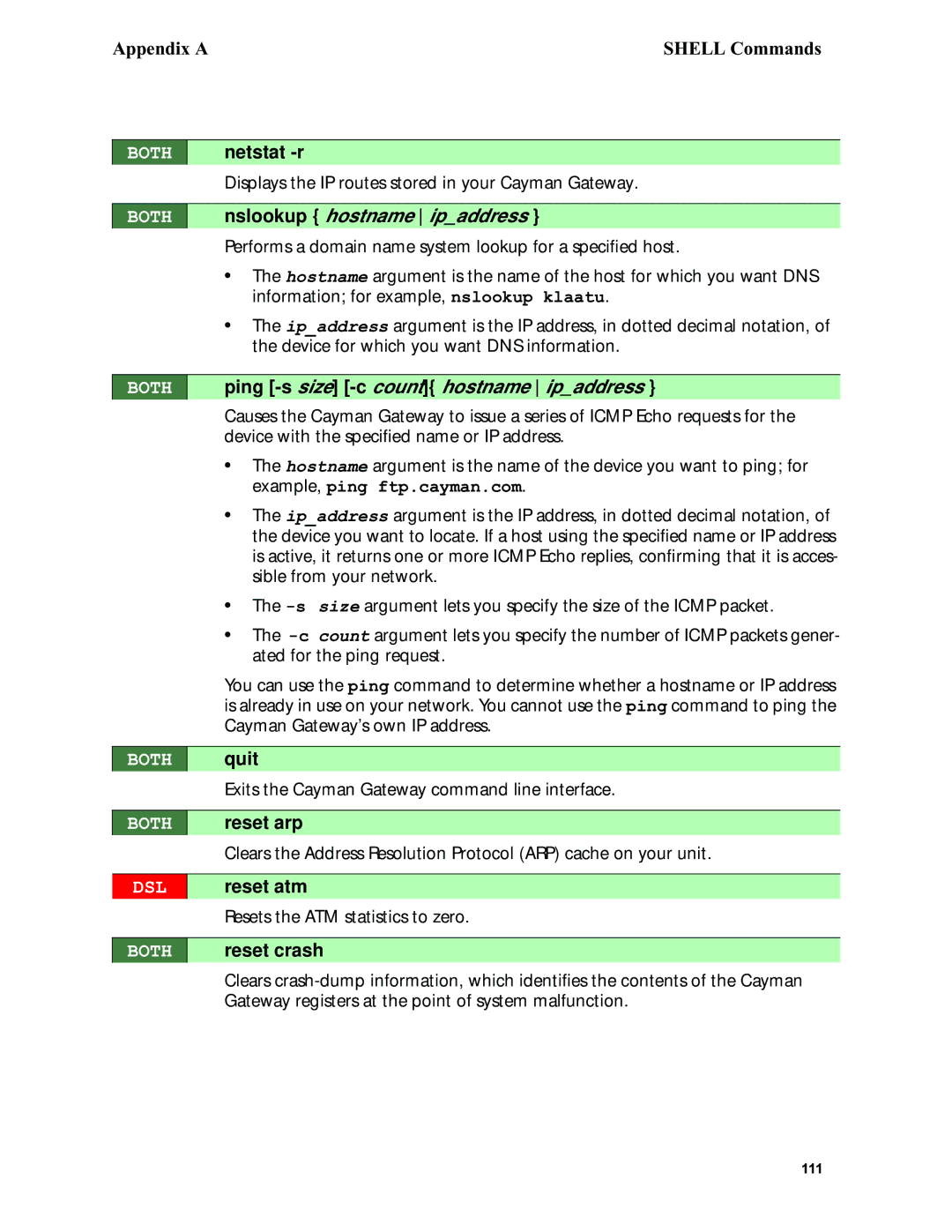 Netopia 6.3 manual Netstat -r, Nslookup hostname, Ping -s size -count hostname, Reset arp, Reset atm, Reset crash 