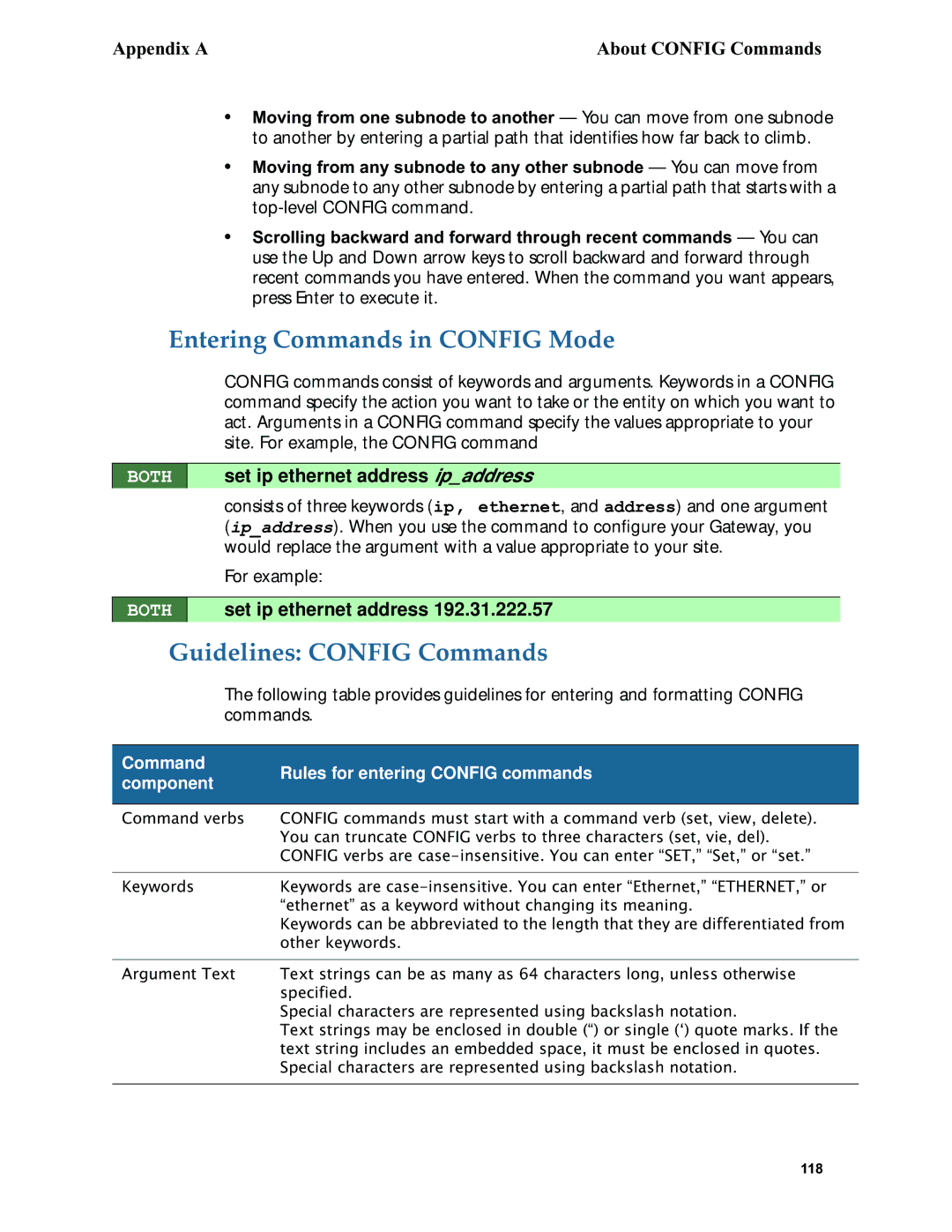 Netopia 6.3 manual Entering Commands in Config Mode, Guidelines Config Commands, Set ip ethernet address, Ipaddress 