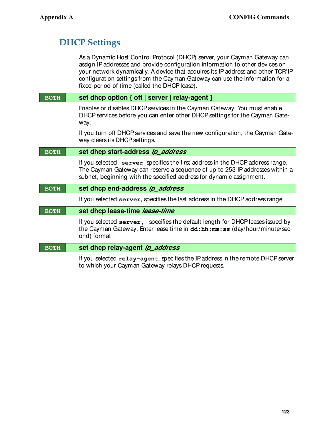 Netopia 6.3 Dhcp Settings, Set dhcp option off server relay-agent, Set dhcp start-address, Set dhcp lease-time Lease-time 