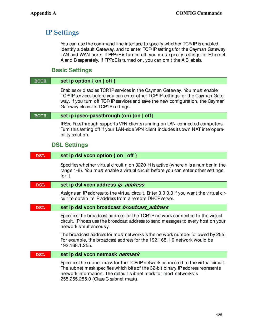 Netopia 6.3 manual IP Settings, Broadcastaddress, Netmask 