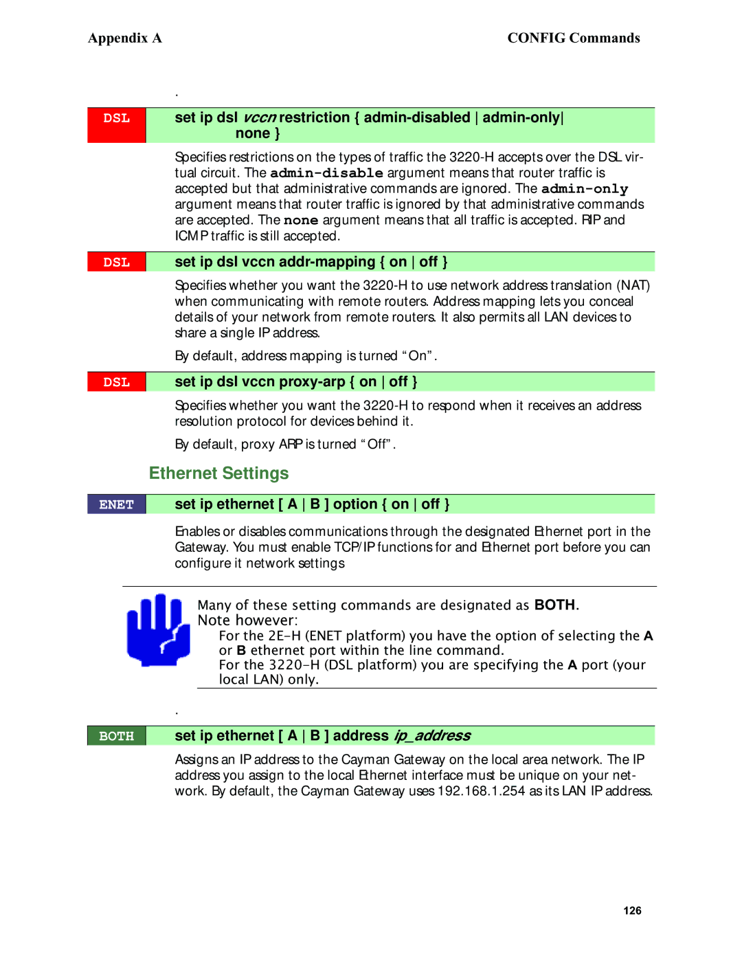 Netopia 6.3 Vccn Restriction admin-disabled admin-only, Set ip dsl vccn addr-mapping on off, Set ip ethernet a B address 