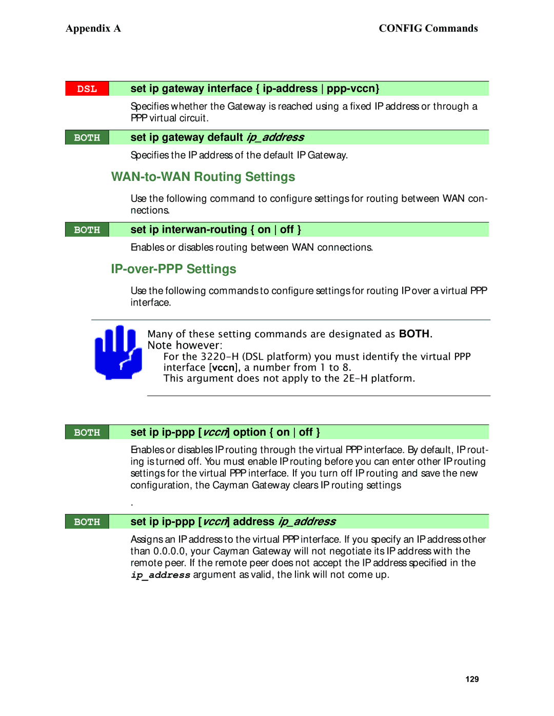 Netopia 6.3 Set ip gateway interface ip-address ppp-vccn, Set ip gateway default, Set ip interwan-routing on off, Address 