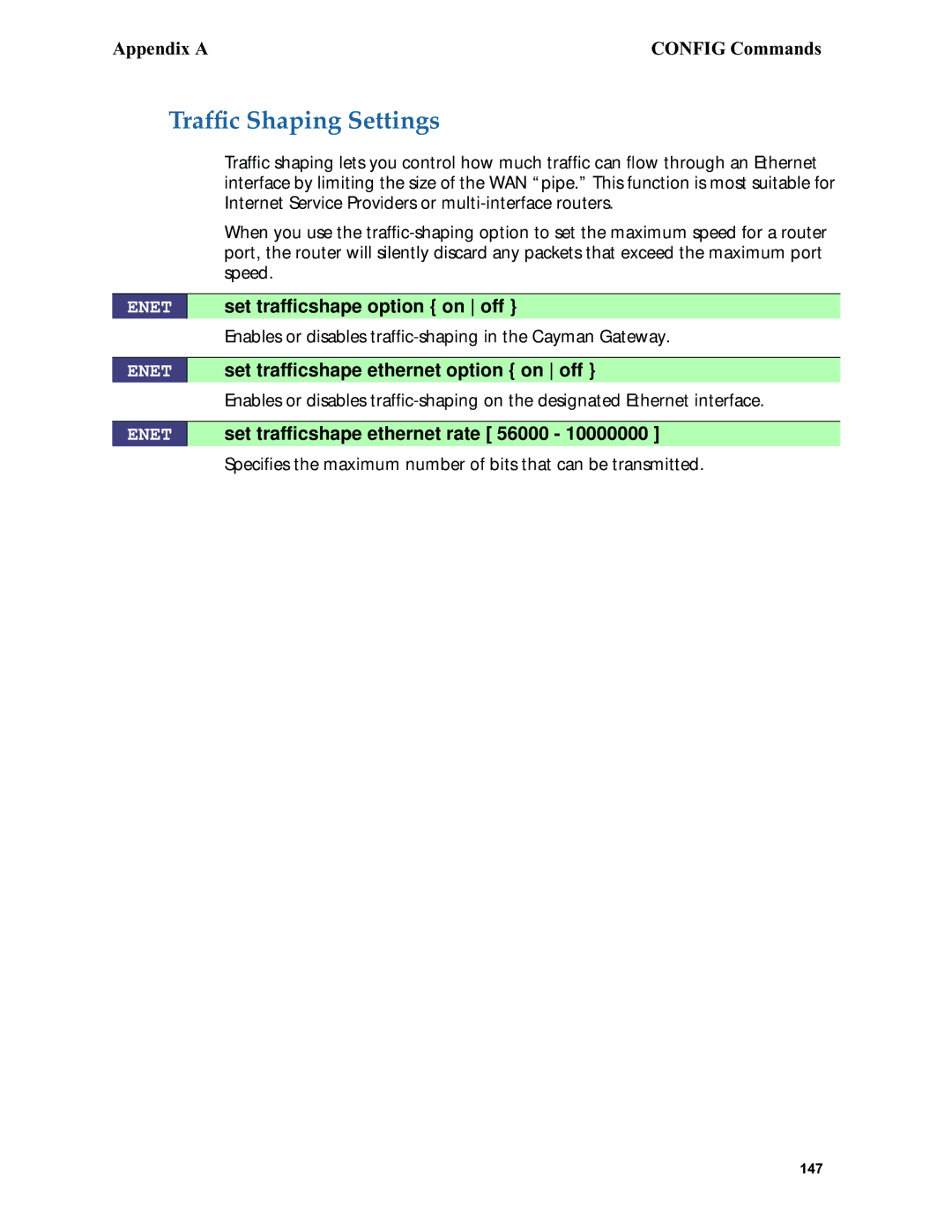 Netopia 6.3 manual Trafﬁc Shaping Settings, Set trafﬁcshape option on off, Set trafﬁcshape ethernet option on off 