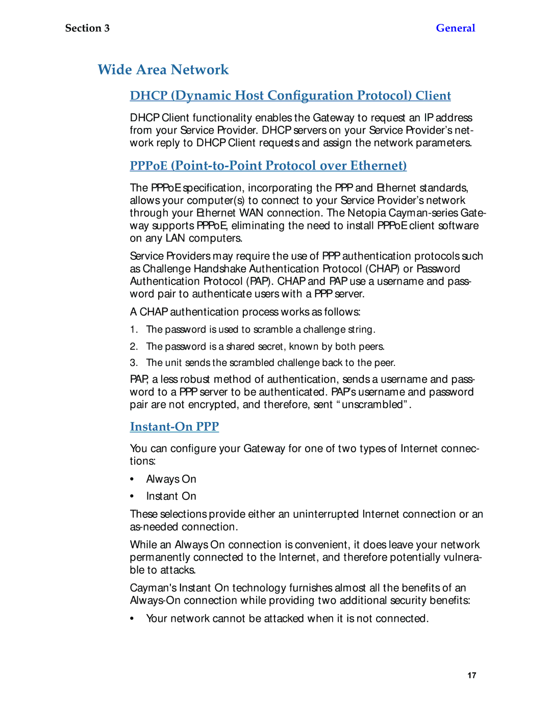 Netopia 6.3 manual Wide Area Network, Instant-On PPP 