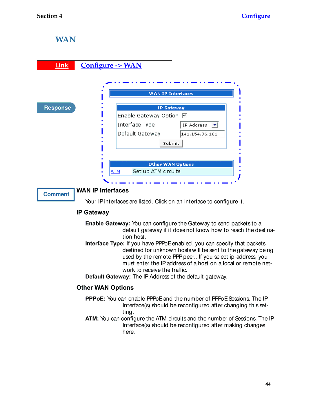 Netopia 6.3 manual Link Conﬁgure WAN, WAN IP Interfaces, IP Gateway, Other WAN Options 