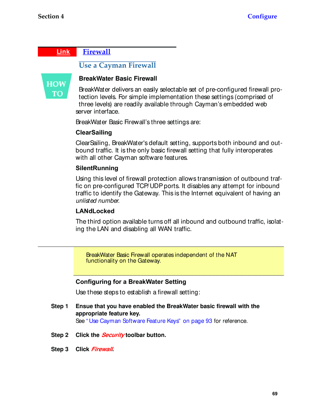 Netopia 6.3 manual Link Firewall, Use a Cayman Firewall, BreakWater Basic Firewall 