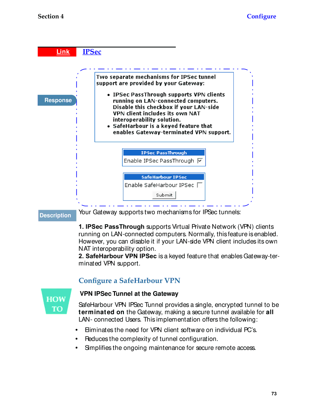 Netopia 6.3 manual Link IPSec, Conﬁgure a SafeHarbour VPN, VPN IPSec Tunnel at the Gateway 