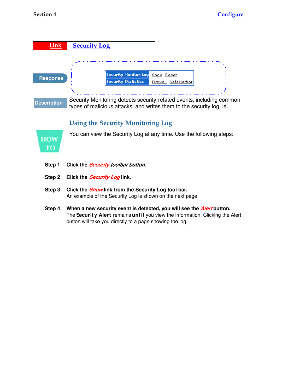 Netopia 6.3 manual Link Security Log, Using the Security Monitoring Log, Show 