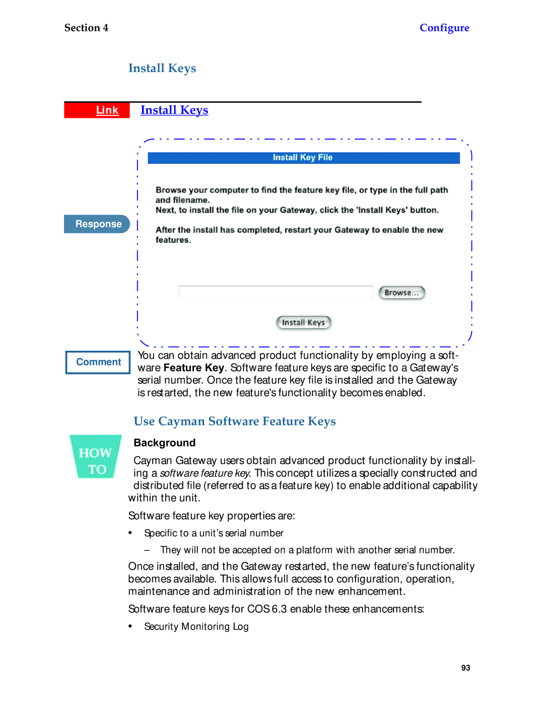 Netopia 6.3 manual Link Install Keys, Use Cayman Software Feature Keys 