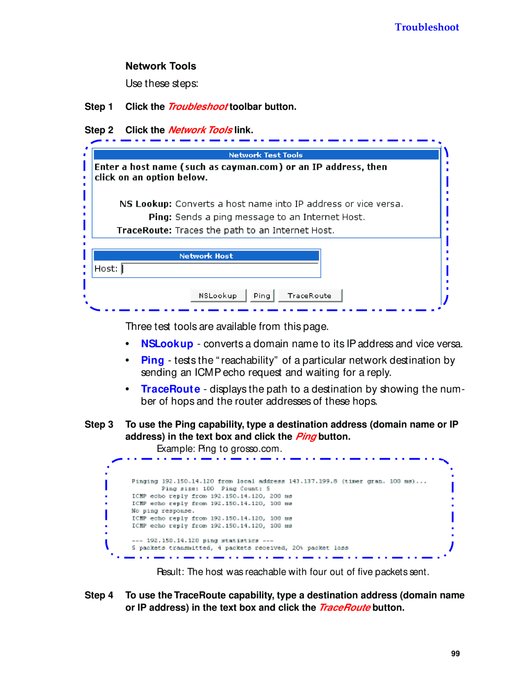 Netopia 6.3 manual Network Tools, Troubleshoot, Address in the text box and click, TraceRoute 