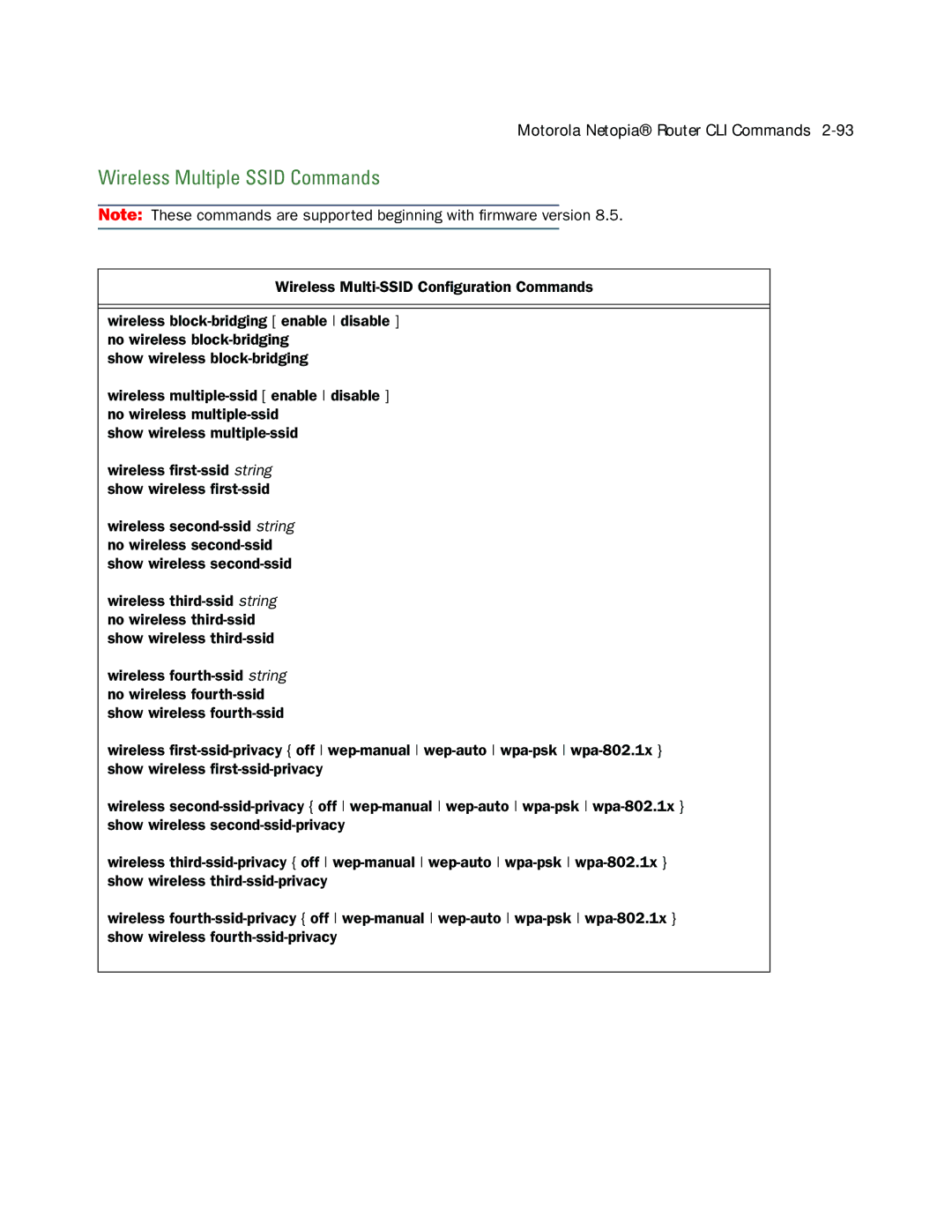 Netopia CLI 874 manual Wireless Multiple Ssid Commands 