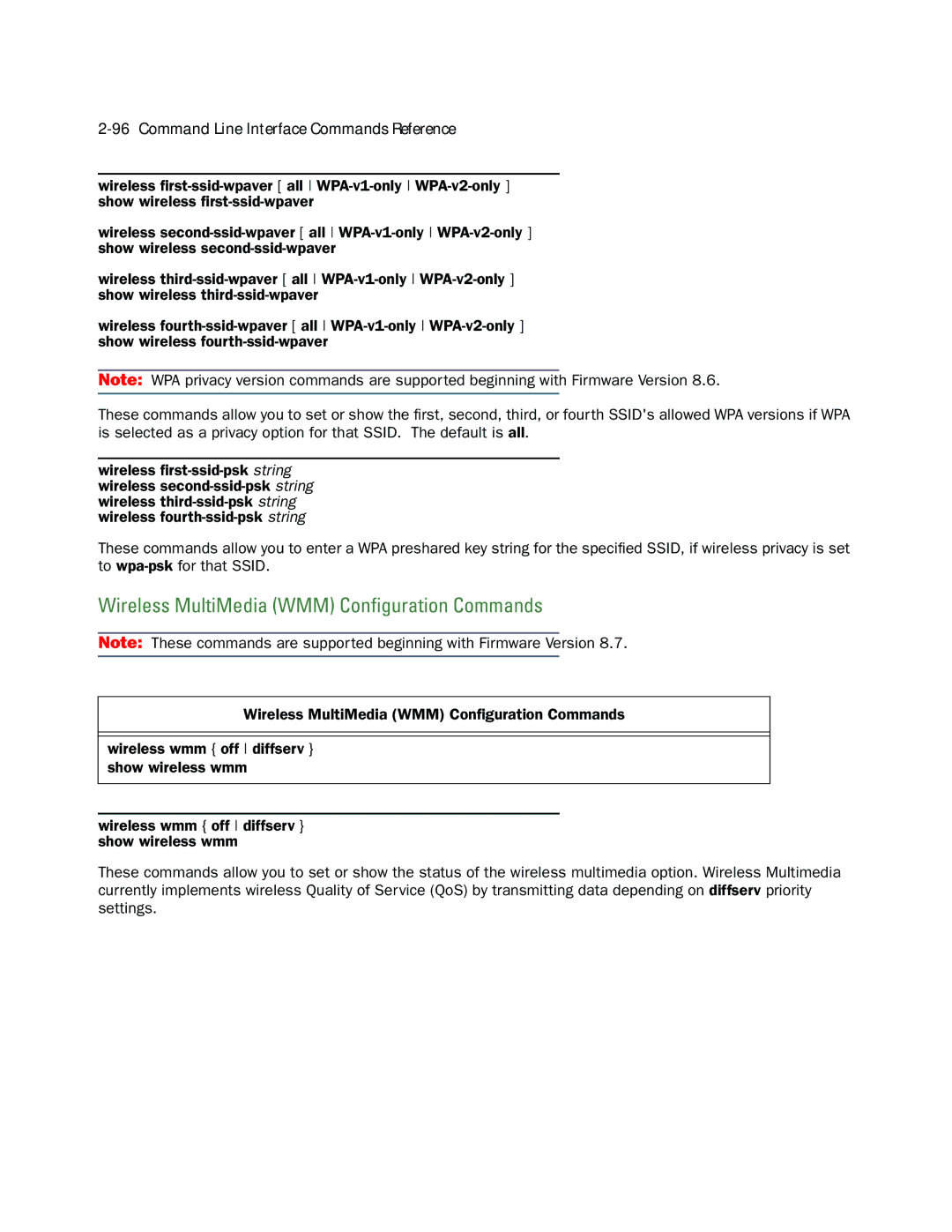 Netopia CLI 874 manual Wireless MultiMedia WMM Conﬁguration Commands 