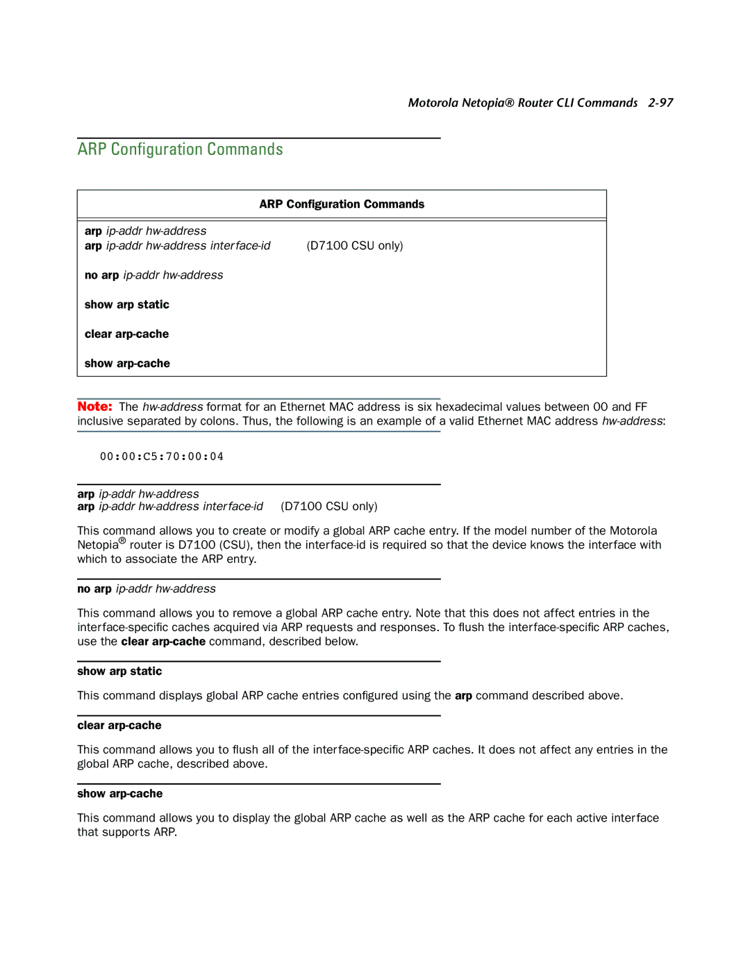 Netopia CLI 874 manual ARP Conﬁguration Commands, Show arp static Clear arp-cache Show arp-cache 