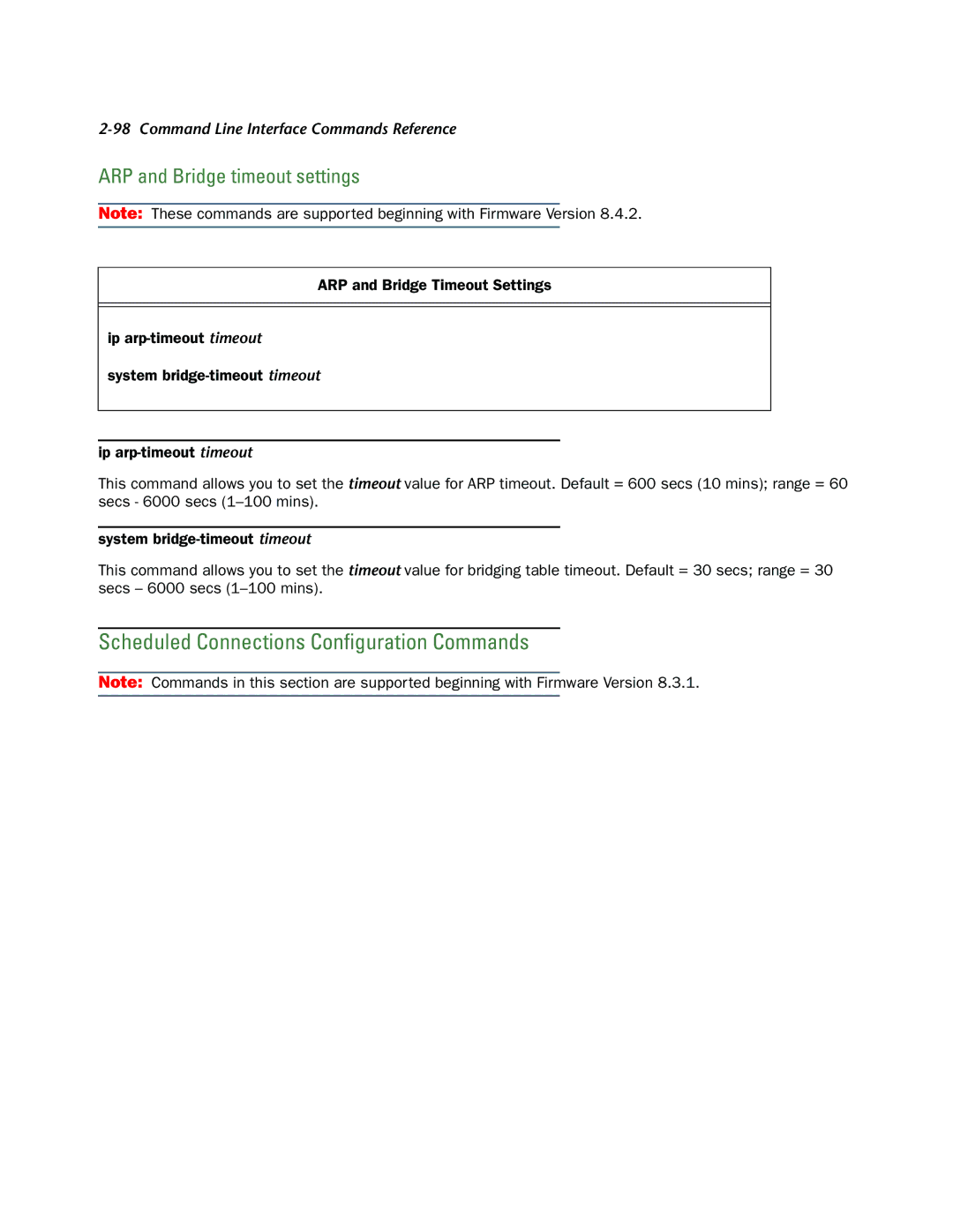 Netopia CLI 874 manual Scheduled Connections Conﬁguration Commands, ARP and Bridge timeout settings 