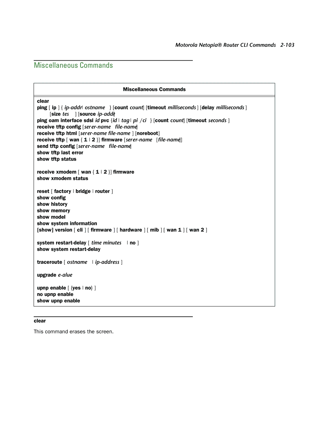 Netopia CLI 874 manual Miscellaneous Commands Clear 