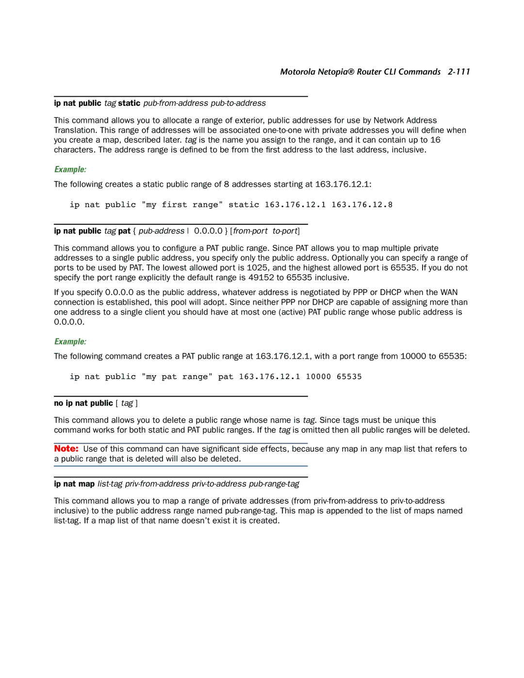 Netopia CLI 874 manual Ip nat public my first range static 163.176.12.1 