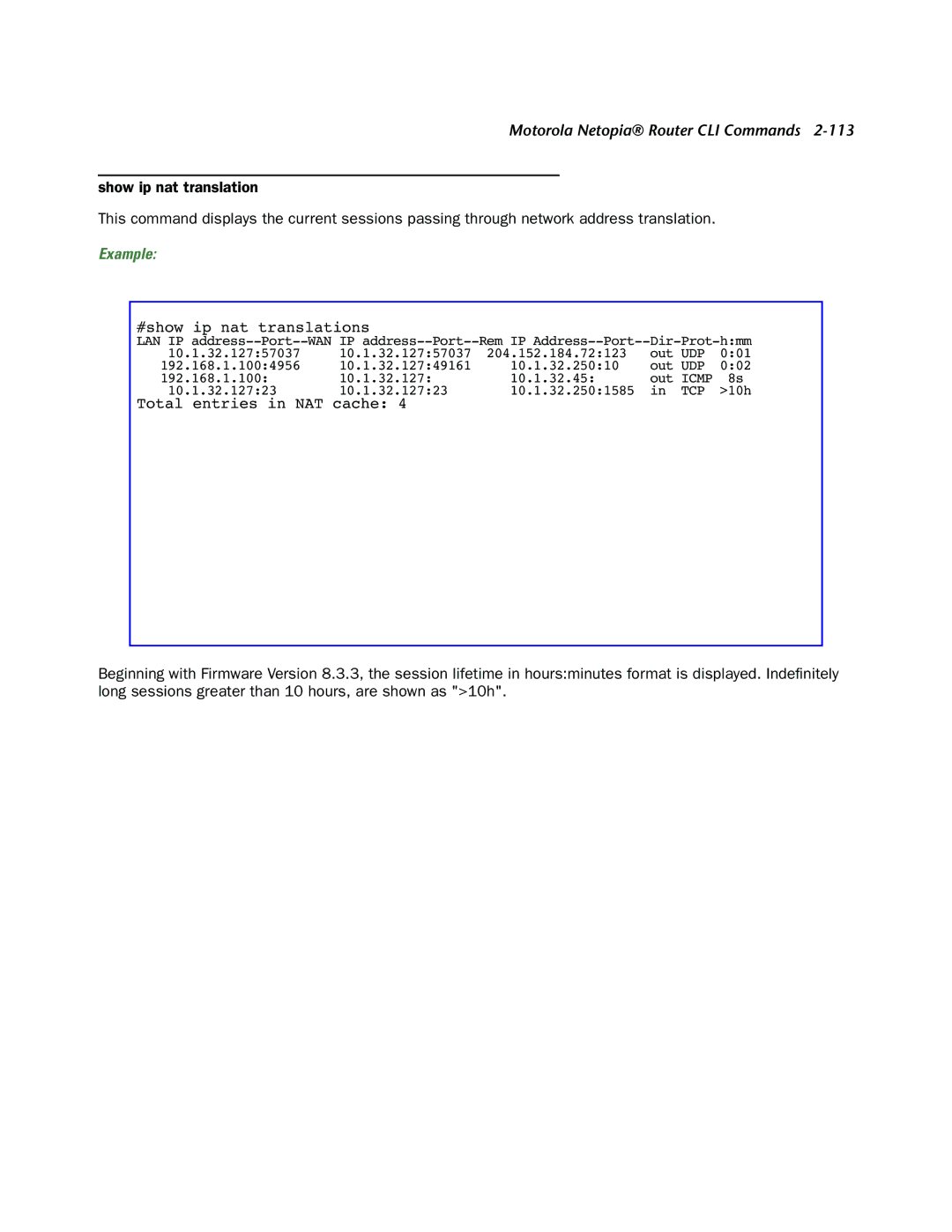 Netopia CLI 874 manual Total entries in NAT cache 