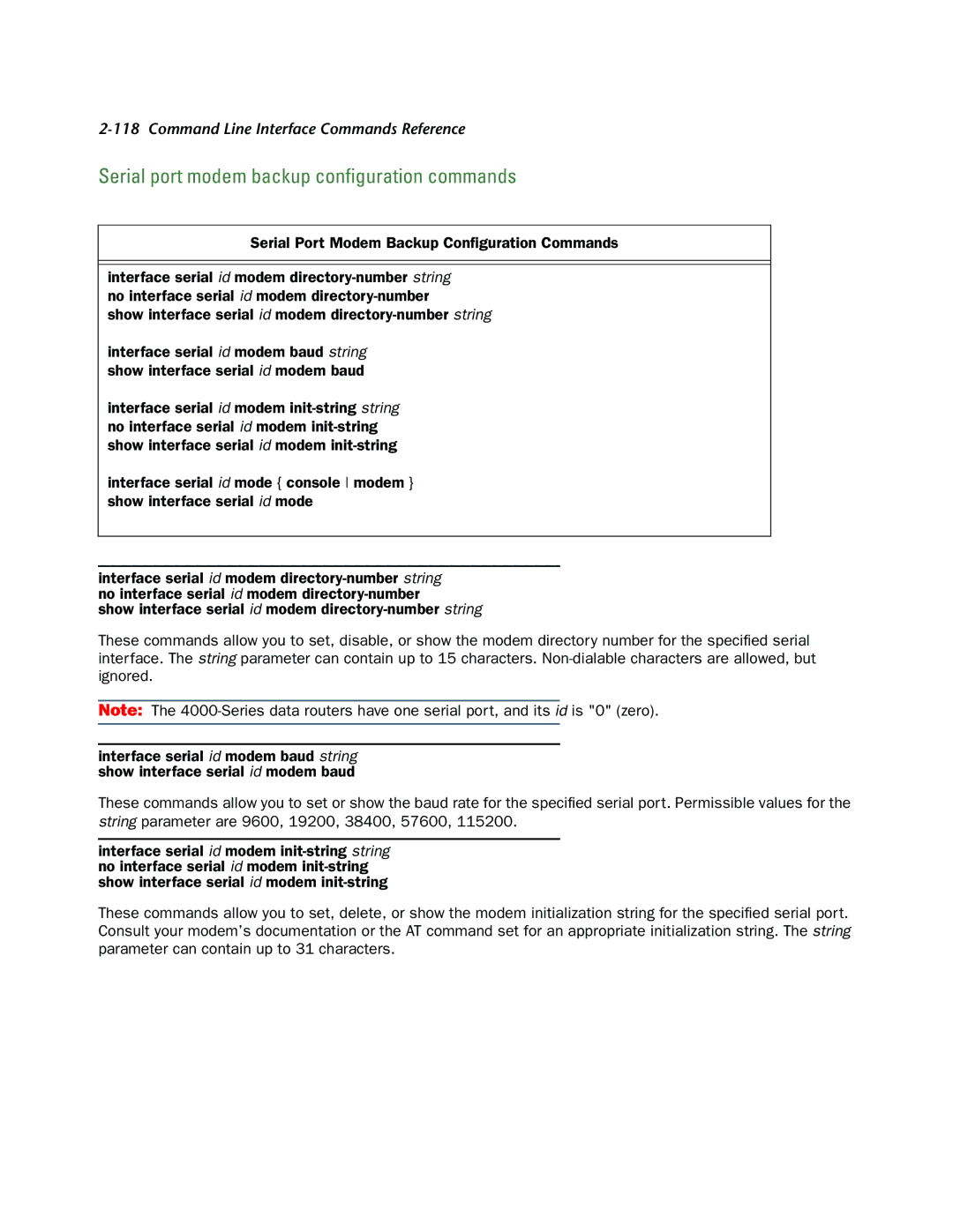 Netopia CLI 874 manual Serial port modem backup conﬁguration commands 