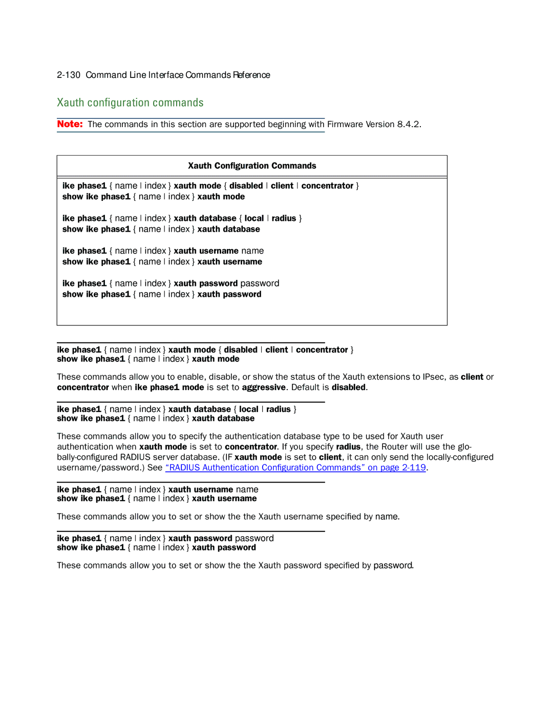 Netopia CLI 874 manual Xauth conﬁguration commands 