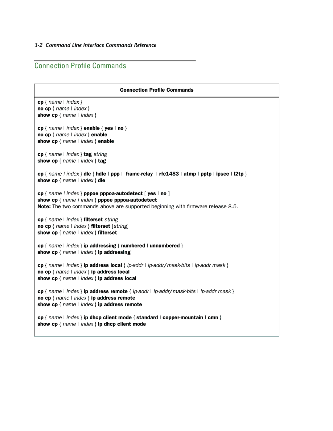 Netopia CLI 874 manual Connection Proﬁle Commands, Show cp name index ip address local 