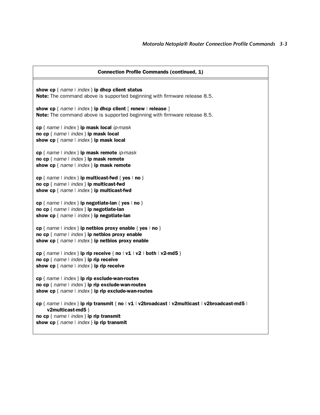 Netopia CLI 874 manual Motorola Netopia Router Connection Proﬁle Commands 