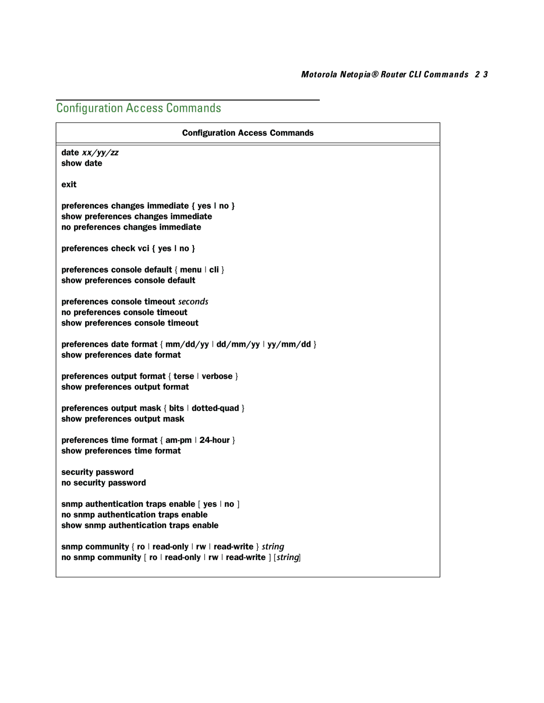 Netopia CLI 874 manual Conﬁguration Access Commands 