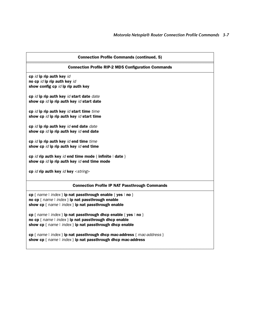 Netopia CLI 874 manual Motorola Netopia Router Connection Proﬁle Commands 